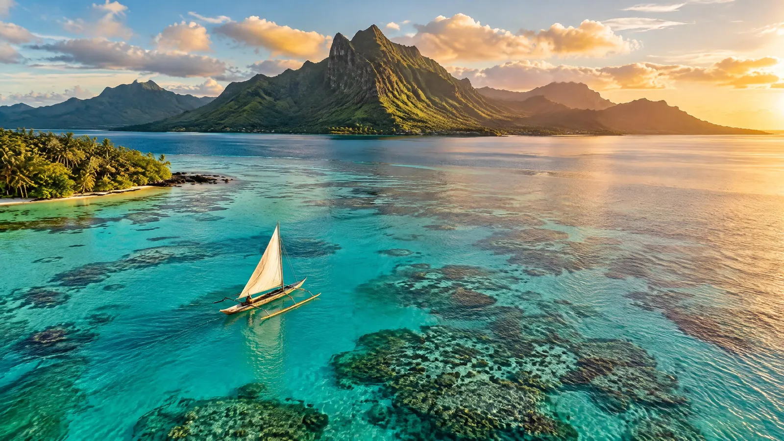 Une pirogue à voile sur un lagon turquoise, au pied de montagnes volcaniques, au soleil couchant